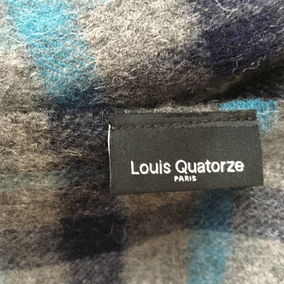 Louis Quatorze Plaid Scarf Wool Grey Blue Black Tartan Rectangle - Picture 3 of 5